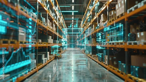 Smart warehouse management system using augmented reality technology to identify package picking and delivery . Future concept of supply chain and logistic business