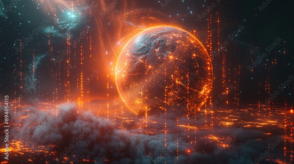 A glowing digital Earth with orange and red lights, surrounded by clouds of data streams. A glowing digital Earth with orange and red lights, surrounded by clouds of data streams.
