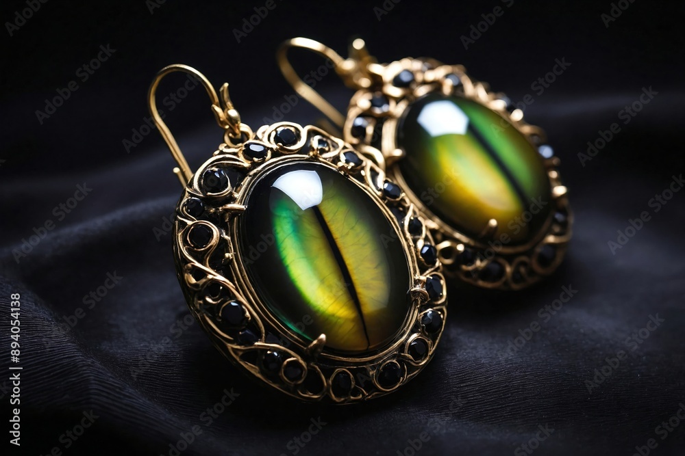 Cat's Eye Earrings on Black Velvet: A pair of cat's eye earrings placed on a smooth, black velvet fabric. Cat's Eye Earrings on Black Velvet: A pair of cat's eye earrings placed on a smooth, black velvet fabric.