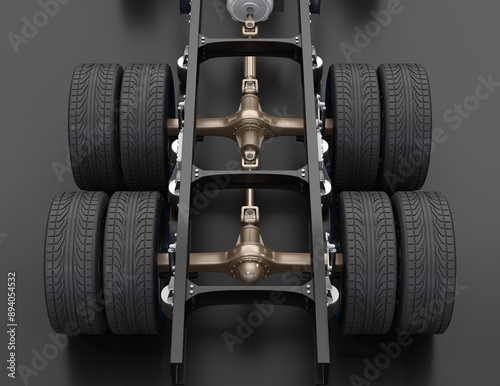 Canvastavla Rear view of Semi truck ladder frame, drive shaft and axle system on black background