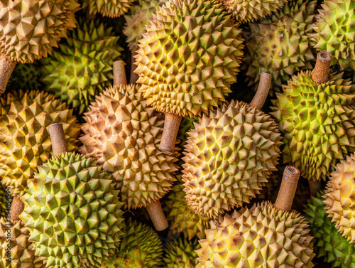 Close up of durian, pile of fresh durian on market stand, texture, top view, high resolution photography