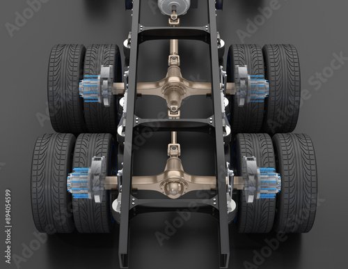 Rear view of Semi truck ladder frame, drive shaft and axle system  with tires in transparent mode.  3D rendering image.
