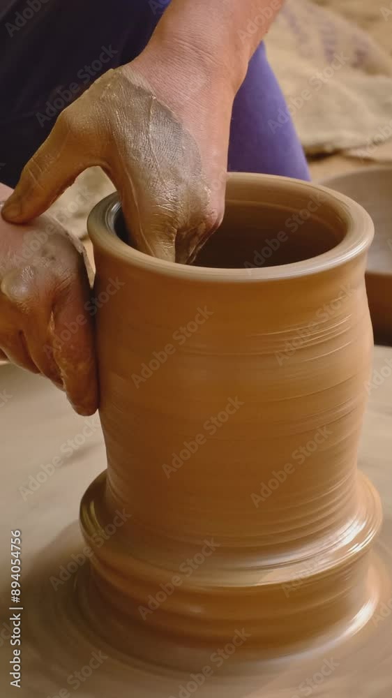 Pottery - skilled wet hands of potter shaping the clay on potter wheel. Pot, vase throwing. Manufacturing traditional handicraft Indian bowl, jar, pot, jug. Shilpagram, Udaipur, Rajasthan, India Pottery - skilled wet hands of potter shaping the clay on potter wheel. Pot, vase throwing. Manufacturing traditional handicraft Indian bowl, jar, pot, jug. Shilpagram, Udaipur, Rajasthan, India