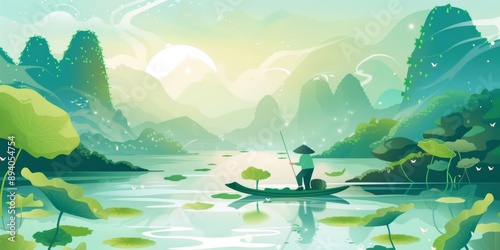 Illustration of Chinese style imagery: Fishermen boating in the middle of a pond in the morning