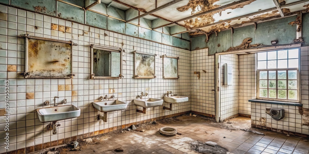 Dilapidated modern washroom with cracked tiles, rusty fixtures, and peeling paint, abandoned, neglected, run-down, grungy, dirty