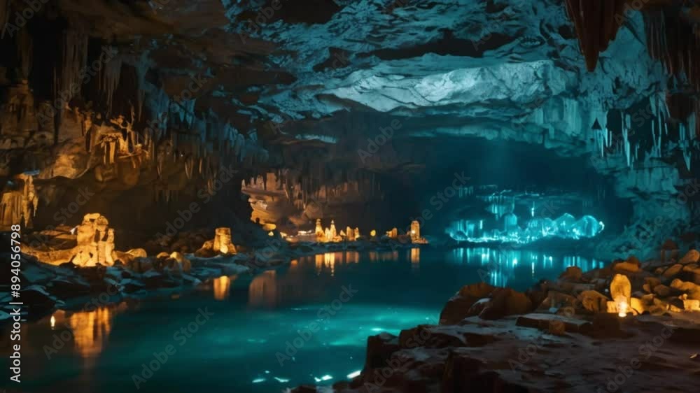 A vast underground cavern with glowing crystals, underground lakes, and ...