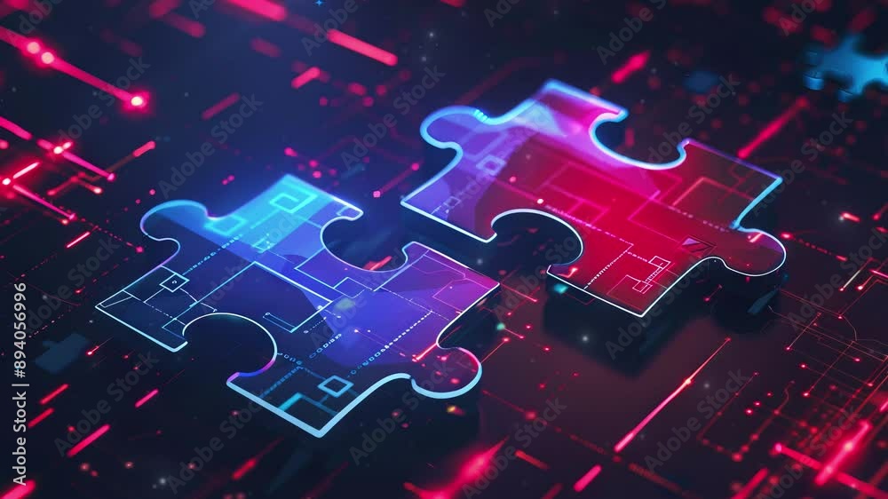 Digital representation of API integration concept with two interlocking puzzle pieces against a futuristic tech-inspired abstract background, symbolizing connectivity and interoperability.