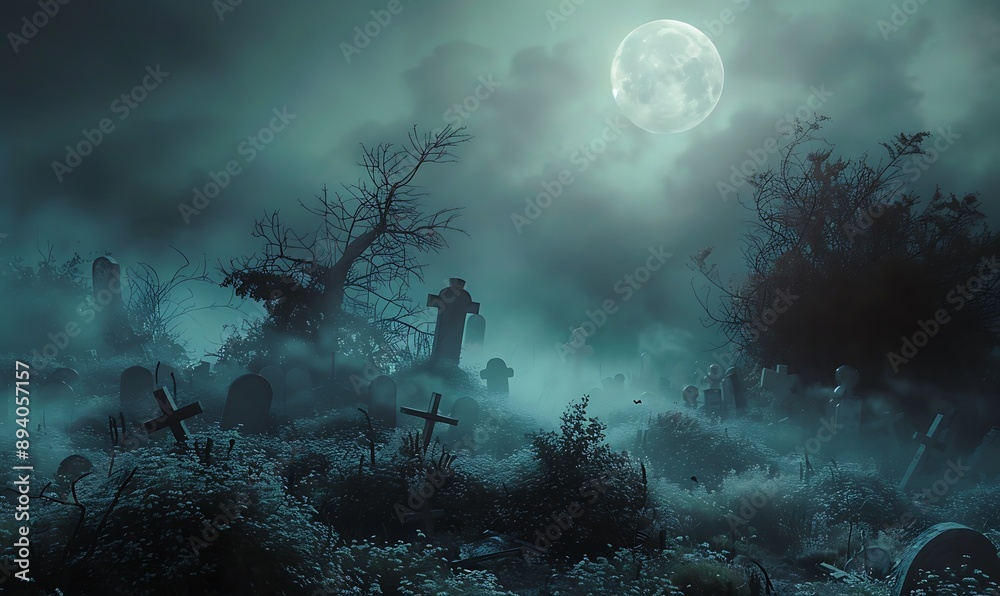 Obraz premium Eerie Graveyard under a Full Moon