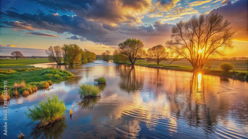 Beautiful spring landscape with a river flooding at sunset, spring, landscape, river, flooding, high water, evening, snow melt Beautiful spring landscape with a river flooding at sunset, spring, landscape, river, flooding, high water, evening, snow melt