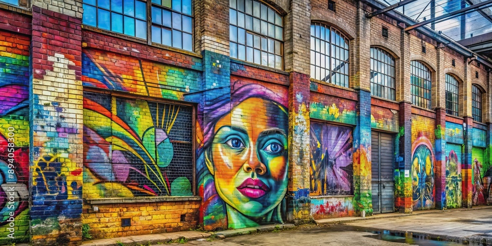 Vibrant graffiti art on an old factory wall, blending rich textures with industrial decay , graffiti, art, old, factory, wall Vibrant graffiti art on an old factory wall, blending rich textures with industrial decay , graffiti, art, old, factory, wall
