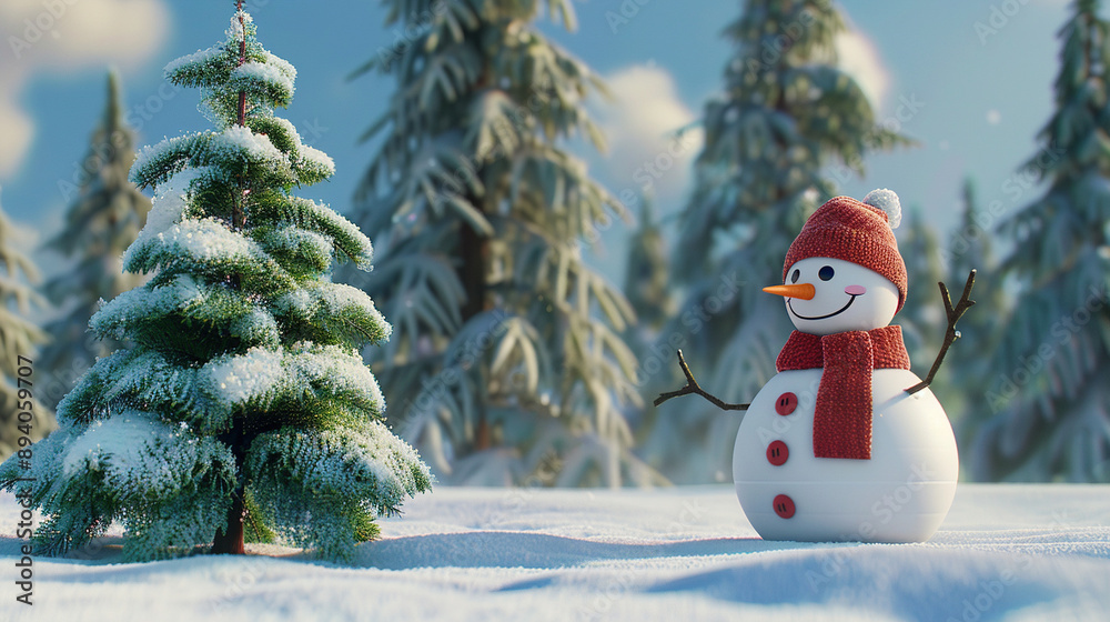 Obraz premium Christmas tree with snowman in winter
