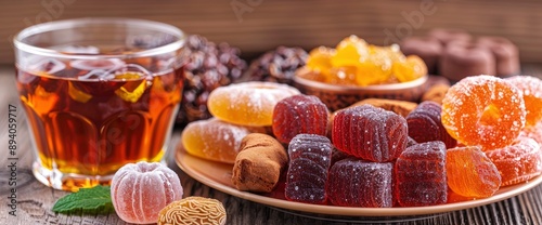 Ramadan Concept With Colorful Akide Candies And A Traditional Cup, Celebrating With Vibrant Treats photo