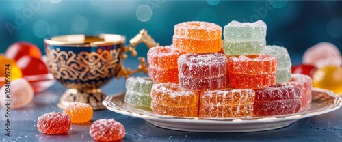 Ramadan Concept With Colorful Akide Candies And A Traditional Cup, Celebrating With Vibrant Treats photo