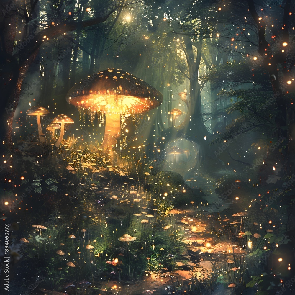Enchanting Mystical Forest with Glowing Fairy Toadstools and Ethereal Light