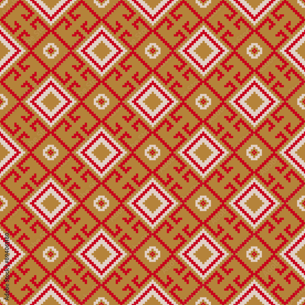 Ethnic geometric fabric pixel pattern cross Stitch. Ikat embroidery in red and beige on gold background. Abstract vector illustration for Textile ,clothing, scarf, motifs, silk and etc. Ethnic geometric fabric pixel pattern cross Stitch. Ikat embroidery in red and beige on gold background. Abstract vector illustration for Textile ,clothing, scarf, motifs, silk and etc.