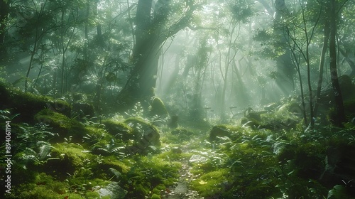 Enchanting Misty Forest with Towering Trees and Vibrant Undergrowth