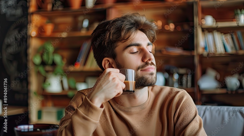 Man Enjoying a Coffee in a Cozy Cafe Man Enjoying a Coffee in a Cozy Cafe