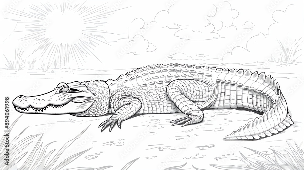 Obraz premium kids coloring book pageCrocodile basking in the sunheavy line art, clean line art, simple, only line