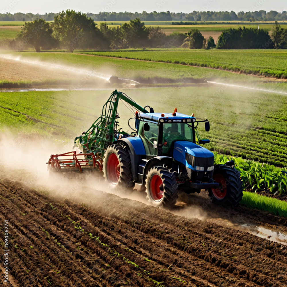 Fototapeta premium Combine harvester working in field. Rear view of a combine harvester collecting wheat from a field
