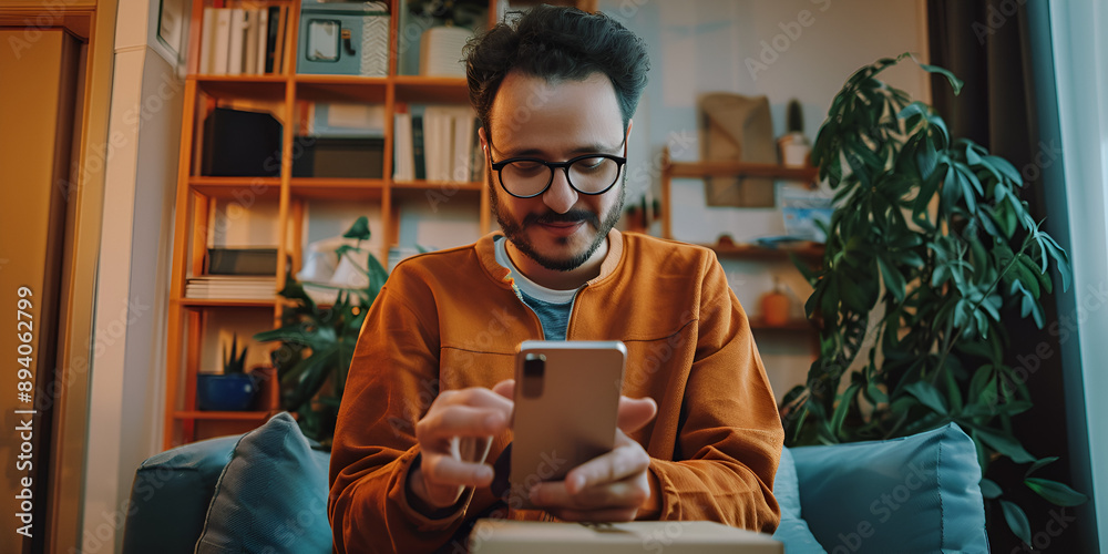 Home Office: Man Enjoying Technology in Cozy Setting,