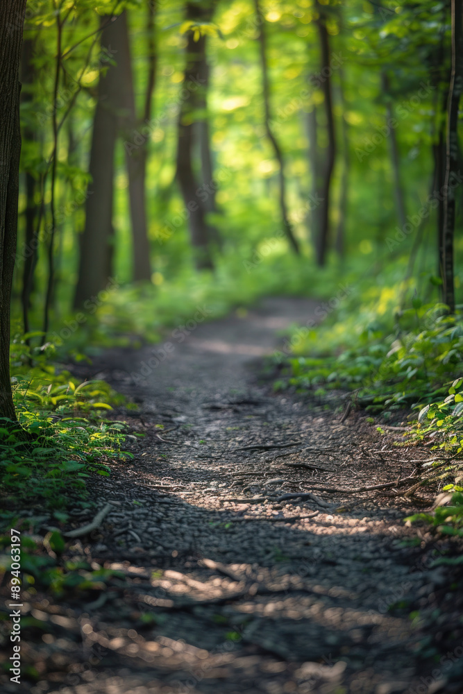 Naklejka premium Serene Forest Pathway with Sunlight Filtering Through Trees