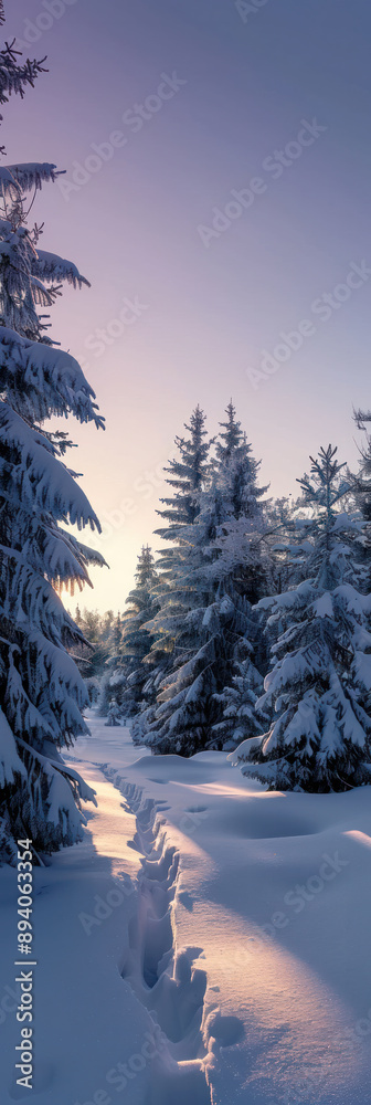 Fototapeta premium Winter Wonderland: Snow-Covered Pathway through Pine Forest at Dusk