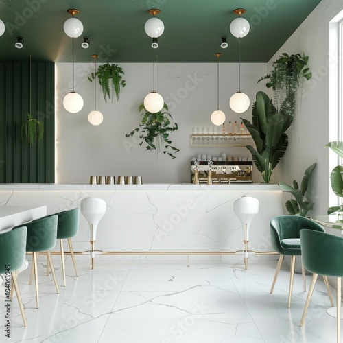 Minimalist white and green cafe with an elegant bar counter