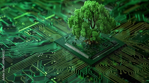 Green tree on circuit chip, green ecology concept. Green information technology. Environmentally Sustainable IT. Copy space. Green plant growing on laptop computer keyboard with green background.