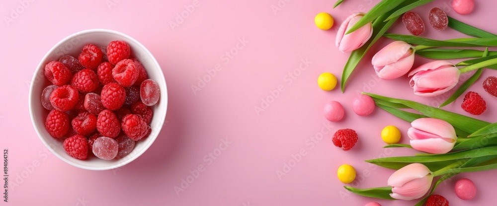 Mother'S Day Concept With Two Gift Boxes, Tulips, And Candies On A Pink Background With Copy Space, Filled With Love Mother'S Day Concept With Two Gift Boxes, Tulips, And Candies On A Pink Background With Copy Space, Filled With Love
