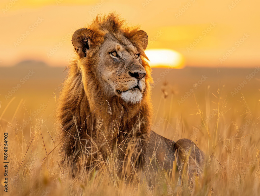 Majestic Lion in Golden Grassland at Sunset Majestic Lion in Golden Grassland at Sunset