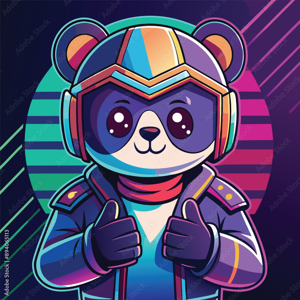 Neon panda avatar vector-style image of a cute panda with a motorcycle helmet gives a thumbs up Neon panda avatar vector-style image of a cute panda with a motorcycle helmet gives a thumbs up