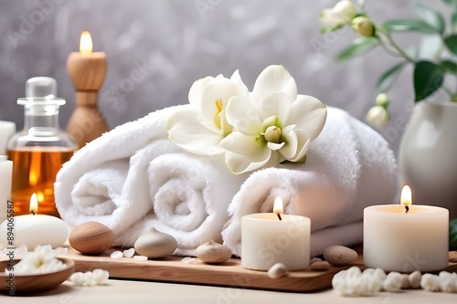 Spa background towel bathroom white luxury concept massage candle bath. Bathroom white wellness spa background towel relax aromatherapy flower accessory zen therapy aroma beauty setting table salt oil