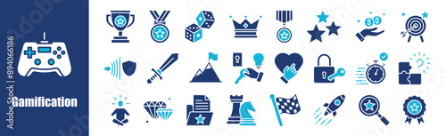 Gamefication icon collection set. Containing design, play, interaction, vector, user, badge,and more. Solid vector icons collection.	