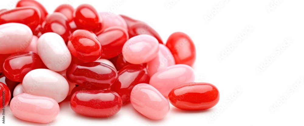 Falling Red And Pink Jelly Beans On A White Background, Creating A Playful And Sweet Scene Falling Red And Pink Jelly Beans On A White Background, Creating A Playful And Sweet Scene