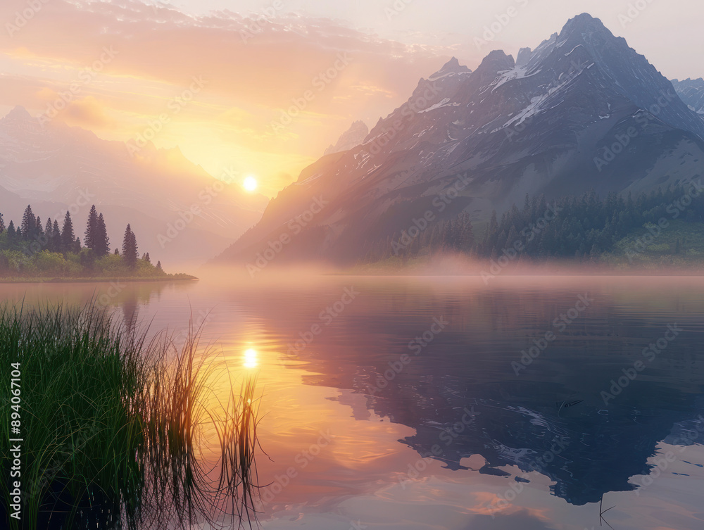 Serene Mountain Sunrise Over a Misty Lake Serene Mountain Sunrise Over a Misty Lake