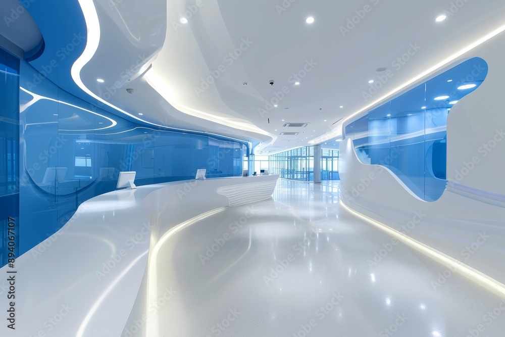 modern office corridor with white walls and blue ceiling modern office corridor with white walls and blue ceiling