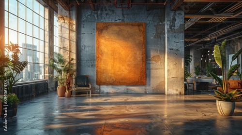 A mockup of an empty large square canvas on the wall in an industrial loft .