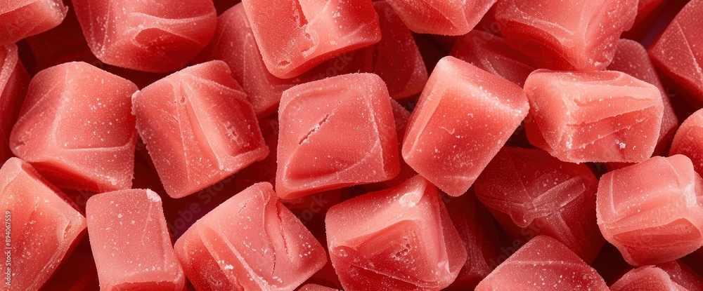 Fruit Chews, Isolated Pink Chewable Candies, A Pile Of Square Taffy Fruit Chews, Isolated Pink Chewable Candies, A Pile Of Square Taffy