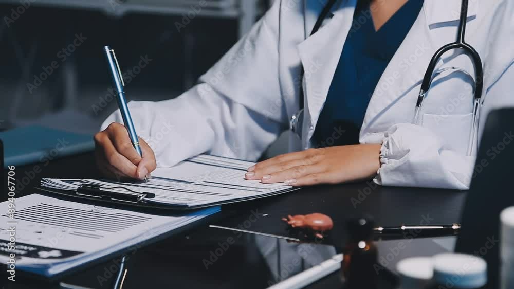 A professional and focused Asian female doctor in scrubs is working and reading medical research on her laptop in her office at a hospital.