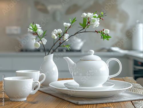 Elegant Tea Set with Blossoms on Wooden Table in Bright Kitchen