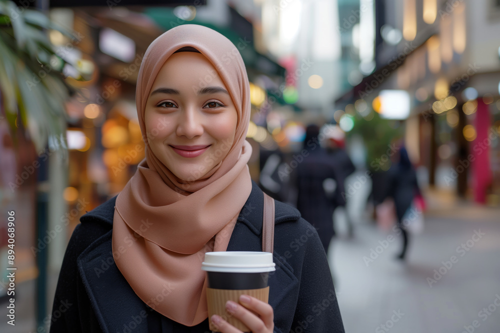 Smiling muslim woman in hijab holding coffee cup outdoors