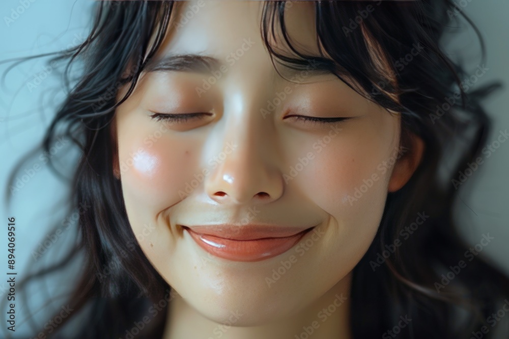 A photo of an Asian woman in her late twenties applying cream to her cheek area. A photo of an Asian woman in her late twenties applying cream to her cheek area.