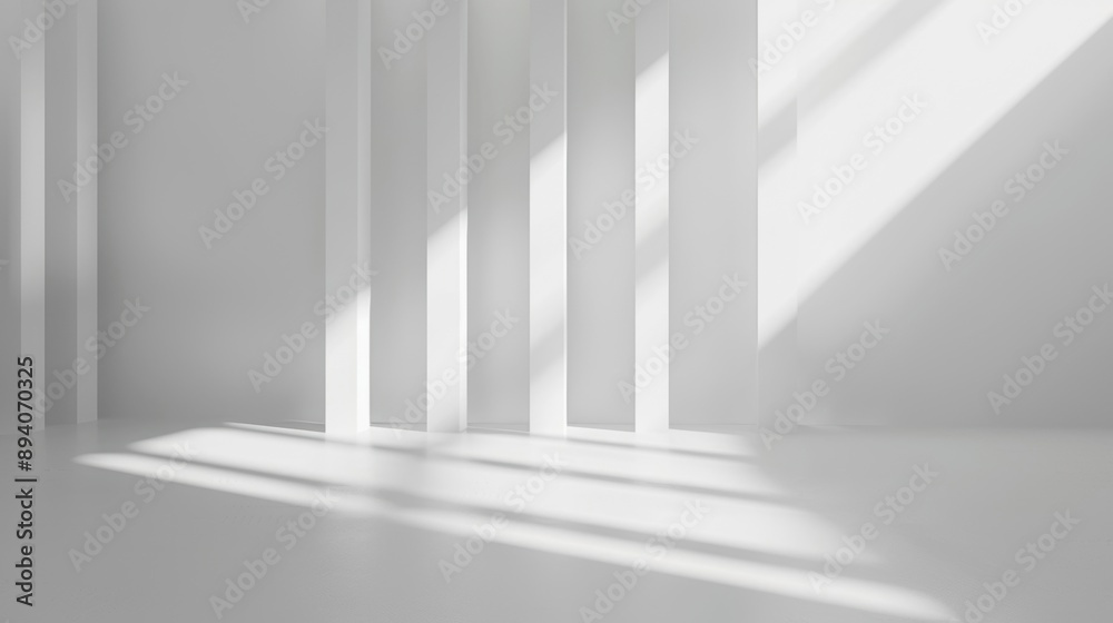 Obraz premium Striped light and shadow patterns on a white indoor architectural space, representing modern design and elegance