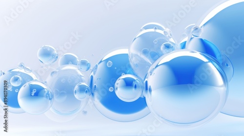Blue transparent spheres smoothly distributed on a white background, ideal for PPT and poster backgrounds, representing clarity and simplicity © F