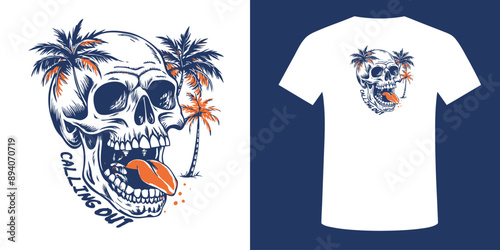 Among the lush tropical trees, a skull with a cheeky tongue sticking out