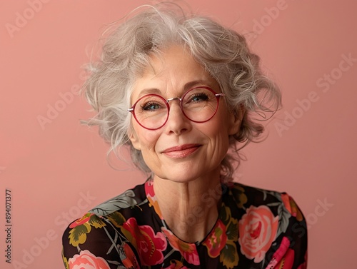 Joyful portrait of a middle-aged woman in floral attire and glasses