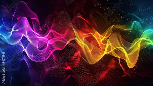 A digital representation of sound waves in vibrant colors, visualizing music as a dynamic abstract pattern. 32k, full ultra HD, high resolution