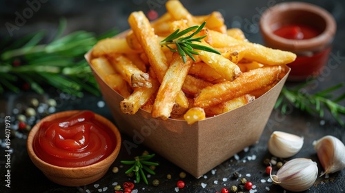 A photo of french fries in a paper basket, with ketchup on the side, against a dark background.