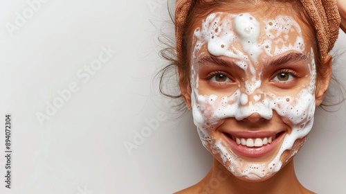 Smiling woman with a bubbly facial mask and a headband, showcasing a skincare routine on a white background.