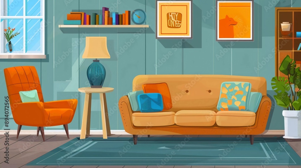 Living room interiors. Comfortable sofa and chair. Very beautiful vector flat illustration Living room interiors. Comfortable sofa and chair. Very beautiful vector flat illustration